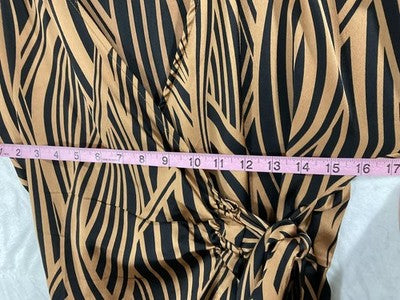 Joie De Vivre Dress Womens Large Brown Stripe Wrap Short Sleeve Tie Waist Midi