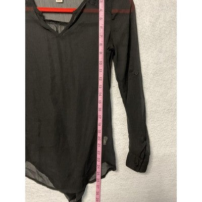 Mossimo Supply Co Shirt Womens XS Black Sheer Lace Shoulder Roll Tab Top Blouse