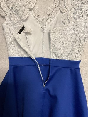 Vintage B. Darlin Dress Juniors 5/6 Blue White Lace Fit Flare Short Skater Party