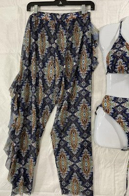 Bikini Set Womens 1XL Blue Paisley 3 Piece High Waist Sheer Ruffle Pants Swim