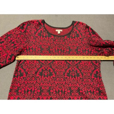 Dana Buchman XXL Red Black Damask Jacquard Knit Sweater Top Holiday