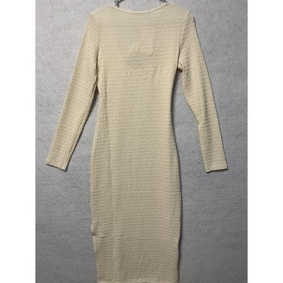 Viciall Dress Womens Small Cream Textured Long Sleeve Midi Bodycon Knot Detail