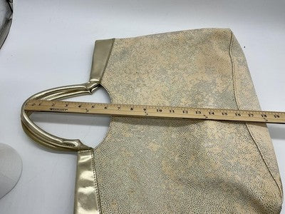 Gold Textured Tote Bag Womens Large Metallic Shoulder Handbag Purple Lining