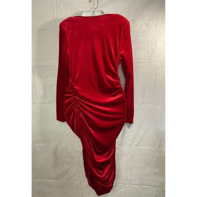 Shein Curve Midi Dress Womens 0XL Red Velvet Ruched V-Neck Bodycon Holiday Party