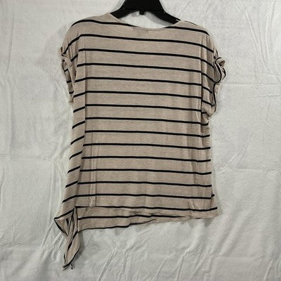 Olivia Blu Shirt Womens Large Beige Stripe Floral Embroidered Side Tie Hem