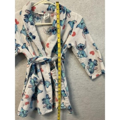 Disney Stitch Robe Girls 6/6X White Blue Plush Fleece Bathrobe Hearts Belted