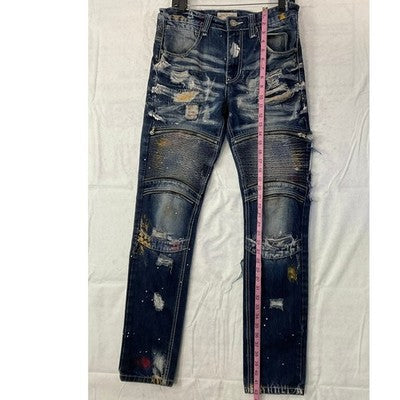 Smoke Rise Moto Jeans Men 32 Blue Distressed Paint Splatter Biker Denim Grunge