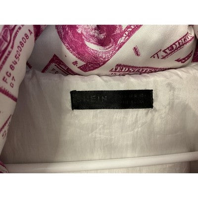 Money Print Open Puffer Jacket Women SM White Pink Cropped Bubble Coat Allover