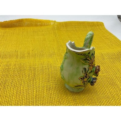 Creamer Pitcher Unisex 4" Green Floral 3D Applied Gold Trim Bud Vase Retro