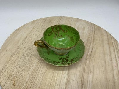 Royal Sealy China Green Luster Tea Cup Saucer Gold Scrollwork Rococo VTG Rare