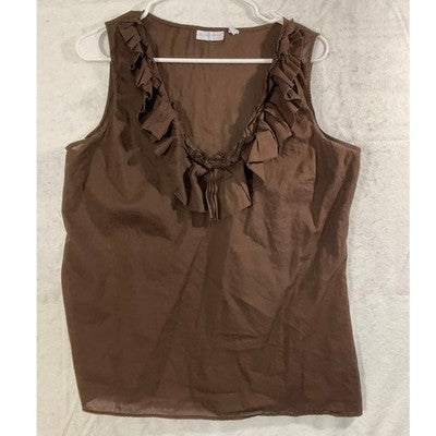 New York & Company Blouse Women L Brown Ruffle V-Neck Sleeveless Cotton Shell