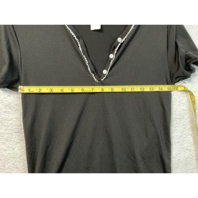Ruffle Trim Henley Shirt Womens Small Black V Neck Stretch Short Sleeve Buttons