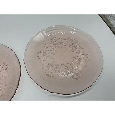 Vintage Pink Pressed Glass Luncheon Plates Set Of 2 Floral Art Deco Tableware