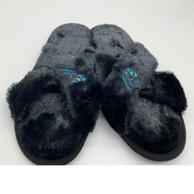 FOCO Carolina Panthers Slippers Womens XL Black Faux Fur Slide NFL Fan Shoe