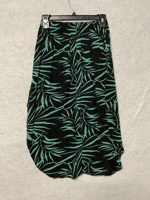 Palm Print Skirt Womens Medium Black Green Bubble Hem Midi Drawstring Waist