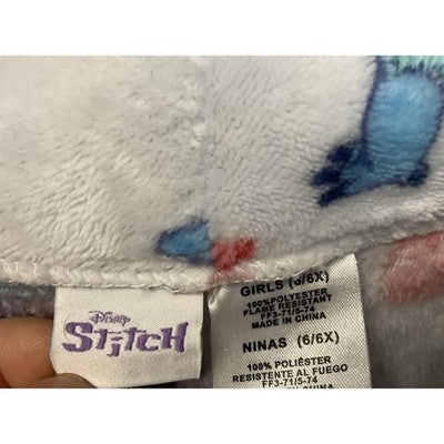 Disney Stitch Robe Girls 6/6X White Blue Plush Fleece Bathrobe Hearts Belted