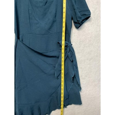 Dress Womens Medium Teal Faux Wrap Tie Ruffle Hem Puff Sleeve Square Neck Mini