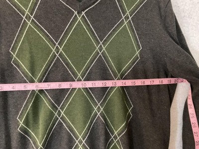 Tommy Hilfiger Mens Sweater Large Gray Argyle V Neck Pullover Knit Top Logo
