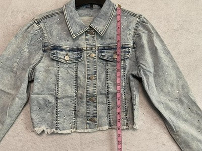PAOLA RIBONI Jacket Womens Large Blue Rhinestone Distressed Cropped Denim Y2k