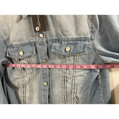 Hersuitful Denim Jacket Women Small Light Blue Raw Hem Pleated Shacket NWT