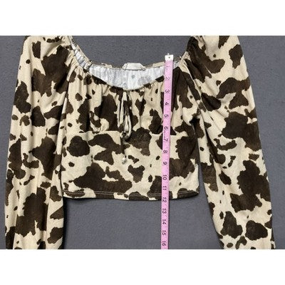 Altar’d States Crop Top Womens Small Brown Ivory Cow Print Long Sleeve Boho Y2K