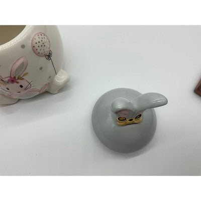 Ceramic Storage Jar Easter Bunny Small White Grey Pink Gold Bow Decor