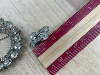 Vintage Rhinestone Brooch Clip On Earrings Set Silver Tone Round Circle Bridal