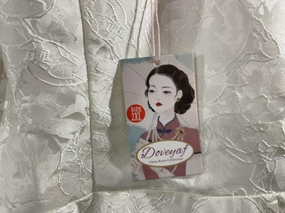 Doveyaf Dress Womens 2XL White Jacquard High Neck Puff Sleeve Qipao Wedding NWT