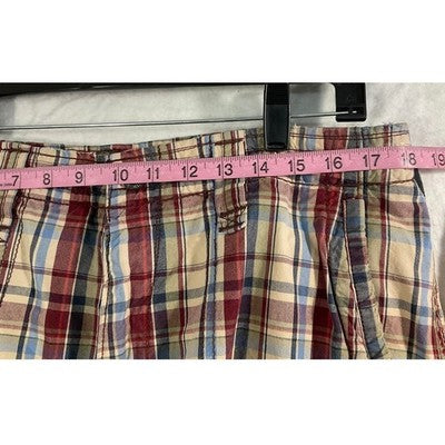 Nautica Cargo Shorts Mens 36 Red Blue Tan Plaid Cotton Relaxed Utility Pockets