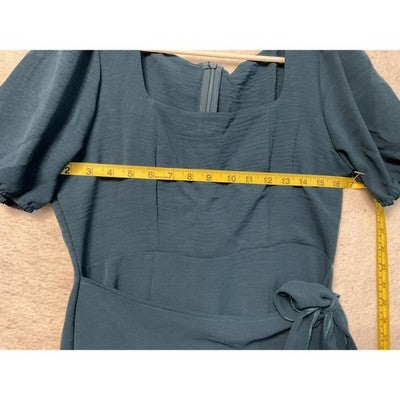 Dress Womens Medium Teal Faux Wrap Tie Ruffle Hem Puff Sleeve Square Neck Mini