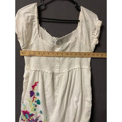 Claudia Richard VTG Ivory Embroidered Dress Women's M Boho Peasant Smocked