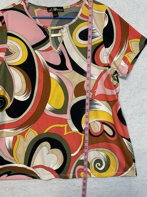 80 Park Blouse Womens 1X Multicolor Geometric Keyhole Short Sleeve Stretch Top