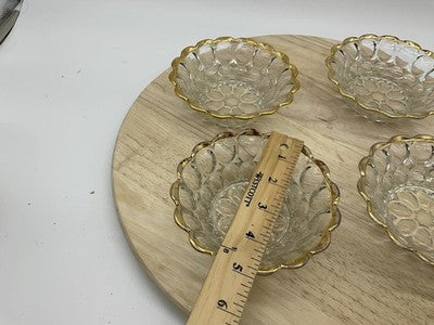 Dessert Bowls Set Of 4 Gold Rim Scalloped Circles Pattern Vintage Clear Glass