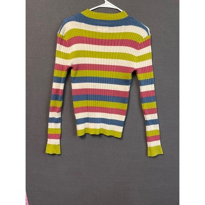 Poof Apparel Small Ribbed Stripe Sweater Green Pink Blue Cream Stretch Knit
