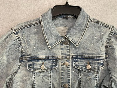 PAOLA RIBONI Jacket Womens Large Blue Rhinestone Distressed Cropped Denim Y2k