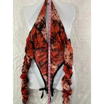 Queen Mania 2 Piece Set Women L Red Black Tie Dye Ruched Mesh Bodysuit Sheer USA