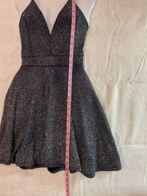 Windsor Dress Womens Medium Black Glitter Fit Flare V Neck Open Back Mini Party