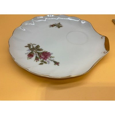 Vintage Rose Snack Plate Gold Trim Scalloped Edge 7.5"