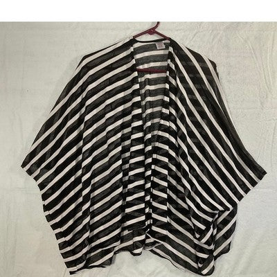 Kimono Wrap Top Coverup Women One Size Black White Striped Open Front Sheer