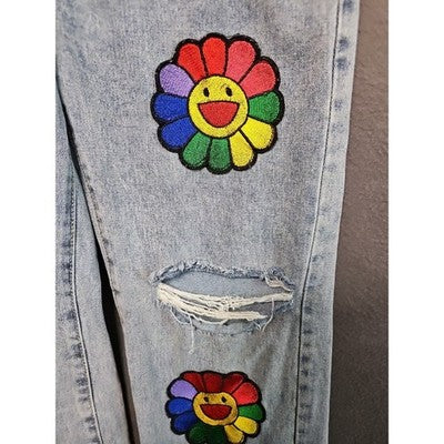 Vintage-Inspired Rainbow Flower Jeans L 25W 27L Straight Leg Ripped/Distressed