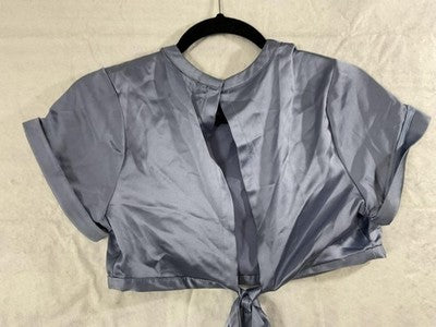 Forever 21 Blouse Womens Medium Blue Satin Crop Top Open Back Tie Shirt
