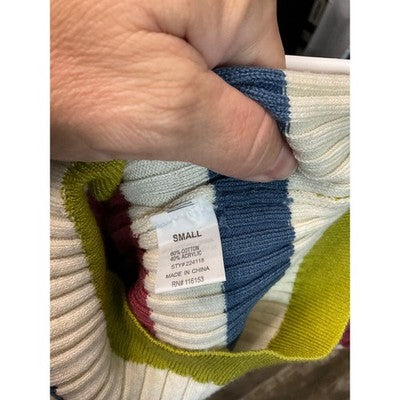 Poof Apparel Small Ribbed Stripe Sweater Green Pink Blue Cream Stretch Knit