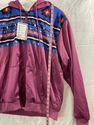 Hoodie Jacket Womens XL Pink Geometric Full Zip Sherpa Lined Fleece Hooded Cozy