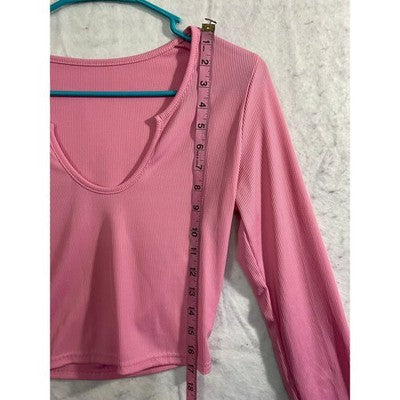 Ribbed Long Sleeve Top Womens Large Pink Notch Neck Cropped Shirt