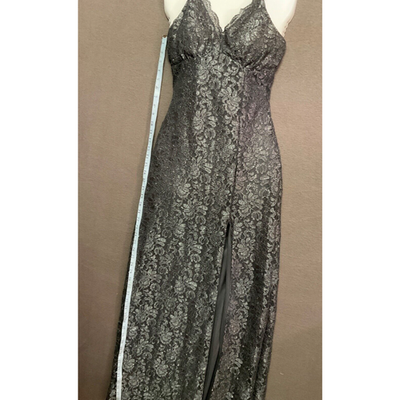 Morgan & Co Formal Gray Glitter Lace Prom Gown SZ 1 Side Slit Lined