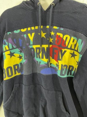 Born Fly Hoodie Mens Small Blue Pullover Graphic Logo Fleece Kangaroo Pocket
