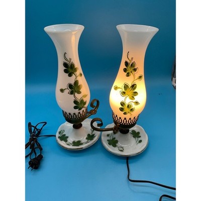 Pair Vintage Hand-Painted Glass Lamps 14" Shamrock Clover TESTED WORKS