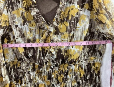 Cato Blouse Womens Large Brown Floral Chiffon Ruffle V Neck 3/4 Sleeve Tunic Top