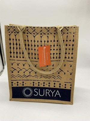 Surya Jute Tote Bag Tan Navy Reusable Shopping Grocery Handbag Rope Handles