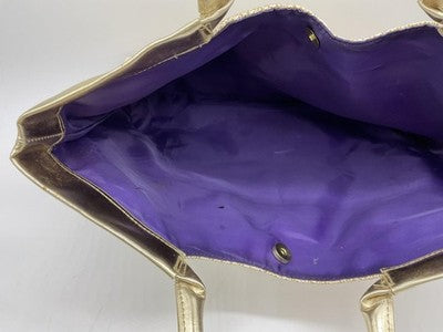 Gold Textured Tote Bag Womens Large Metallic Shoulder Handbag Purple Lining